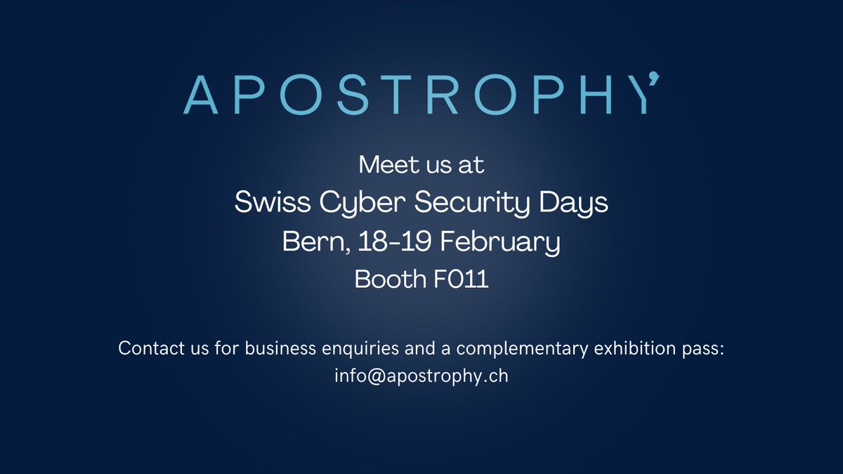 Apostrophy AG (@apostrophyos) on Twitter photo #Apostrophy is partecipating to Swiss Cyber Security Days in Bern!
📅 Feb 18–19 | 📍 Stand F011
Explore how Swiss innovation is shaping the future of #privacy & #cybersecurity, from secure mobile solutions to #datasovereignty.
Let’s connect!
#SCSD2025 <a href="/SCSD_Bern/">SwissCyberSecurityDays</a> #DataPrivacy #Apostrophy is partecipating to Swiss Cyber Security Days in Bern!
📅 Feb 18–19 | 📍 Stand F011
Explore how Swiss innovation is shaping the future of #privacy & #cybersecurity, from secure mobile solutions to #datasovereignty.
Let’s connect!
#SCSD2025 <a href="/SCSD_Bern/">SwissCyberSecurityDays</a> #DataPrivacy