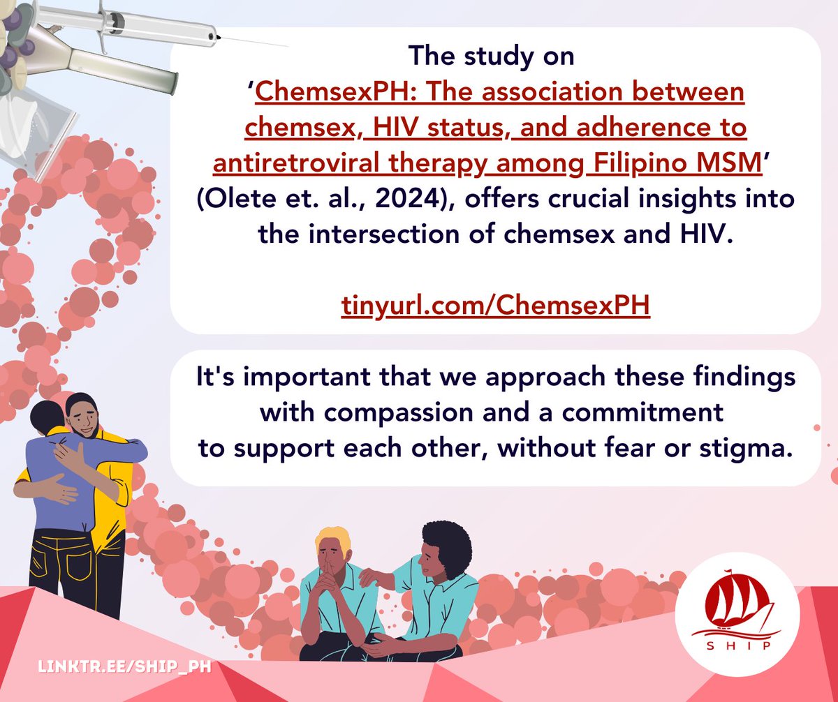 SHIP_PH's tweet photo. Know more about 

'ChemsexPH: The association between chemsex, HIV status, and adherence to antiretroviral therapy among Filipino MSM,’ 

and the crucial insights into the intersection of chemsex and HIV it offers here: https://t.co/Q9i9TFpRmK! https://t.co/MTY8r6RFfB