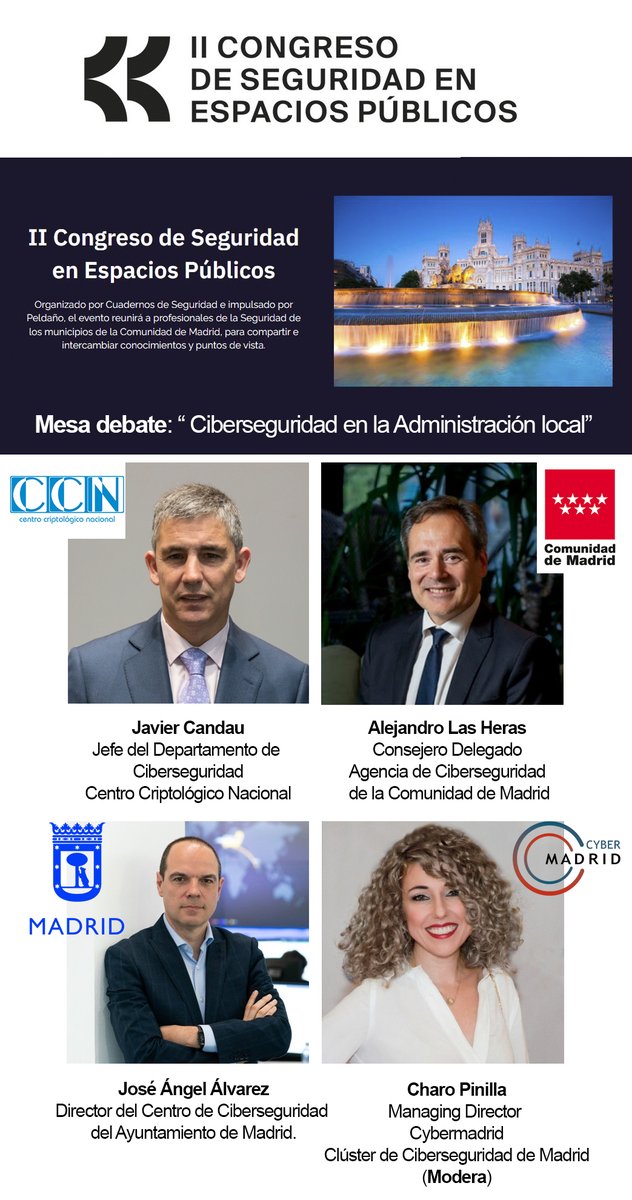 Cluster CyberMadrid (@cyber_madrid) on Twitter photo 13 de febrero 𝗜𝗜 𝗖𝗼𝗻𝗴𝗿𝗲𝘀𝗼 𝗱𝗲 𝗦𝗲𝗴𝘂𝗿𝗶𝗱𝗮𝗱 𝗲𝗻 𝗘𝘀𝗽𝗮𝗰𝗶𝗼𝘀 𝗣ú𝗯𝗹𝗶𝗰𝗼𝘀 de <a href="/cuadernosdeseg/">Cuadernos Seguridad</a>
<a href="/Cyber_Madrid/">Cluster CyberMadrid</a> modera la mesa redonda:🔏 𝗹𝗮 𝗖𝗶𝗯𝗲𝗿𝘀𝗲𝗴𝘂𝗿𝗶𝗱𝗮𝗱 𝗲𝗻 𝗹𝗮 𝗮𝗱𝗺𝗶𝗻𝗶𝘀𝘁𝗿𝗮𝗰𝗶ó𝗻 𝗹𝗼𝗰𝗮𝗹
<a href="/CCMAD21/">CCMAD</a> <a href="/ComunidadMadrid/">Comunidad de Madrid</a> <a href="/CCNCERT/">CCN-CERT</a> 13 de febrero 𝗜𝗜 𝗖𝗼𝗻𝗴𝗿𝗲𝘀𝗼 𝗱𝗲 𝗦𝗲𝗴𝘂𝗿𝗶𝗱𝗮𝗱 𝗲𝗻 𝗘𝘀𝗽𝗮𝗰𝗶𝗼𝘀 𝗣ú𝗯𝗹𝗶𝗰𝗼𝘀 de <a href="/cuadernosdeseg/">Cuadernos Seguridad</a>
<a href="/Cyber_Madrid/">Cluster CyberMadrid</a> modera la mesa redonda:🔏 𝗹𝗮 𝗖𝗶𝗯𝗲𝗿𝘀𝗲𝗴𝘂𝗿𝗶𝗱𝗮𝗱 𝗲𝗻 𝗹𝗮 𝗮𝗱𝗺𝗶𝗻𝗶𝘀𝘁𝗿𝗮𝗰𝗶ó𝗻 𝗹𝗼𝗰𝗮𝗹
<a href="/CCMAD21/">CCMAD</a> <a href="/ComunidadMadrid/">Comunidad de Madrid</a> <a href="/CCNCERT/">CCN-CERT</a>