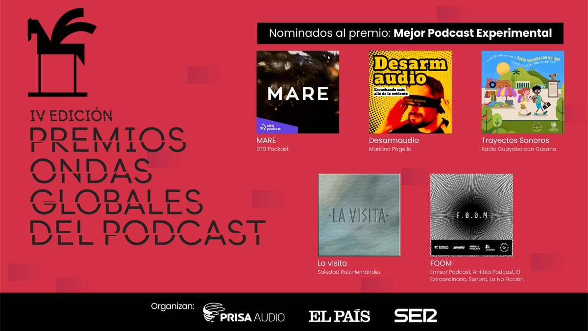 Premios Ondas (@premios_ondas) on Twitter photo 🏆#PremiosOndas Globales del Podcast | Nominados a mejor podcast experimental:
MARE (<a href="/EITBofiziala/">EITB</a>)
Desarmaudio (<a href="/mmarianop/">Mariano M Pagella 🎧🎤</a>)
Trayectos Sonoros (Radio Guayaba con Gusano)
La visita (Soledad Ruiz Hernández)
FOOM (<a href="/EmisorPodcast/">Emisor Podcasting</a>, <a href="/anfibiapodcast/">anfibia podcast</a>, <a href="/Extraordinario/">El Extraordinario</a>, <a href="/SonoroPodcast/">Sonoro</a>) 🏆#PremiosOndas Globales del Podcast | Nominados a mejor podcast experimental:
MARE (<a href="/EITBofiziala/">EITB</a>)
Desarmaudio (<a href="/mmarianop/">Mariano M Pagella 🎧🎤</a>)
Trayectos Sonoros (Radio Guayaba con Gusano)
La visita (Soledad Ruiz Hernández)
FOOM (<a href="/EmisorPodcast/">Emisor Podcasting</a>, <a href="/anfibiapodcast/">anfibia podcast</a>, <a href="/Extraordinario/">El Extraordinario</a>, <a href="/SonoroPodcast/">Sonoro</a>)