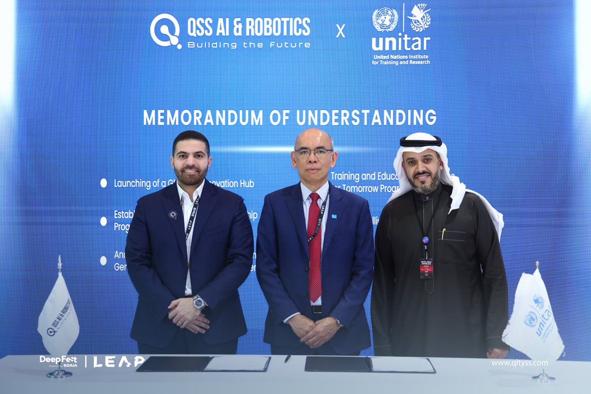 qltyss's tweet image. We’re excited to announce that QSS AI &amp;amp; Robotics has signed an MoU with @UNITAR during #LEAP2025!
This partnership focuses on AI training programs, advancing digital transformation, and promoting sustainable development through innovation. 🚀✨
#AIandRobotics #SaudiVision2030