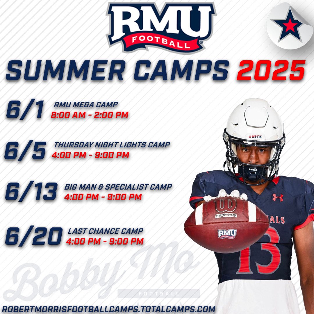 CoachPlungasJMU's tweet image. Back and better than ever!! Camp SZN will be here before you know it! 

Come compete and learn from the best coaches in the country at the JOE!

Click the link below today to showcase your talents this summer 🔥🔥🫡

🔗 rb.gy/aydlid

#RMUFB | #RMUCamps | #PushNPull