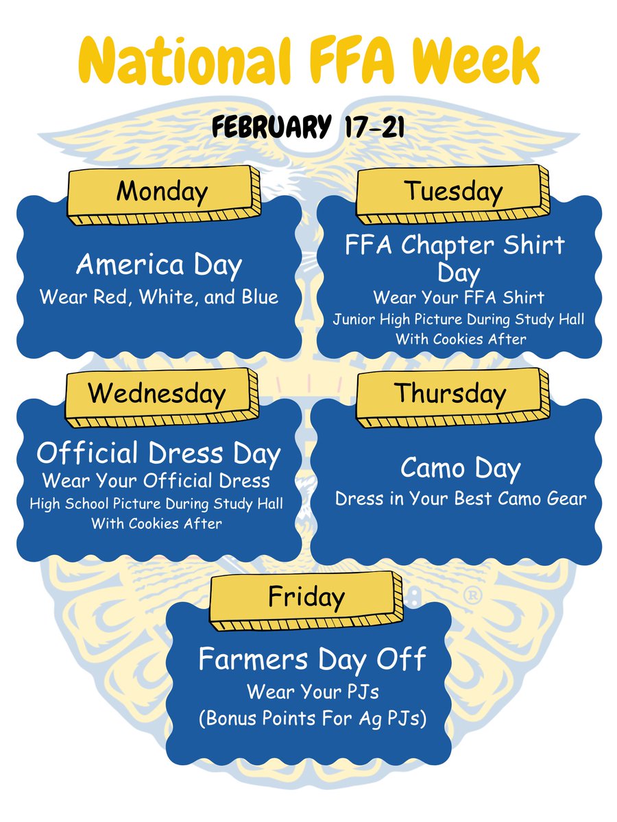 freemanffa's tweet image. National FFA Week is next week (February 17-21)!  See our dress up days below!