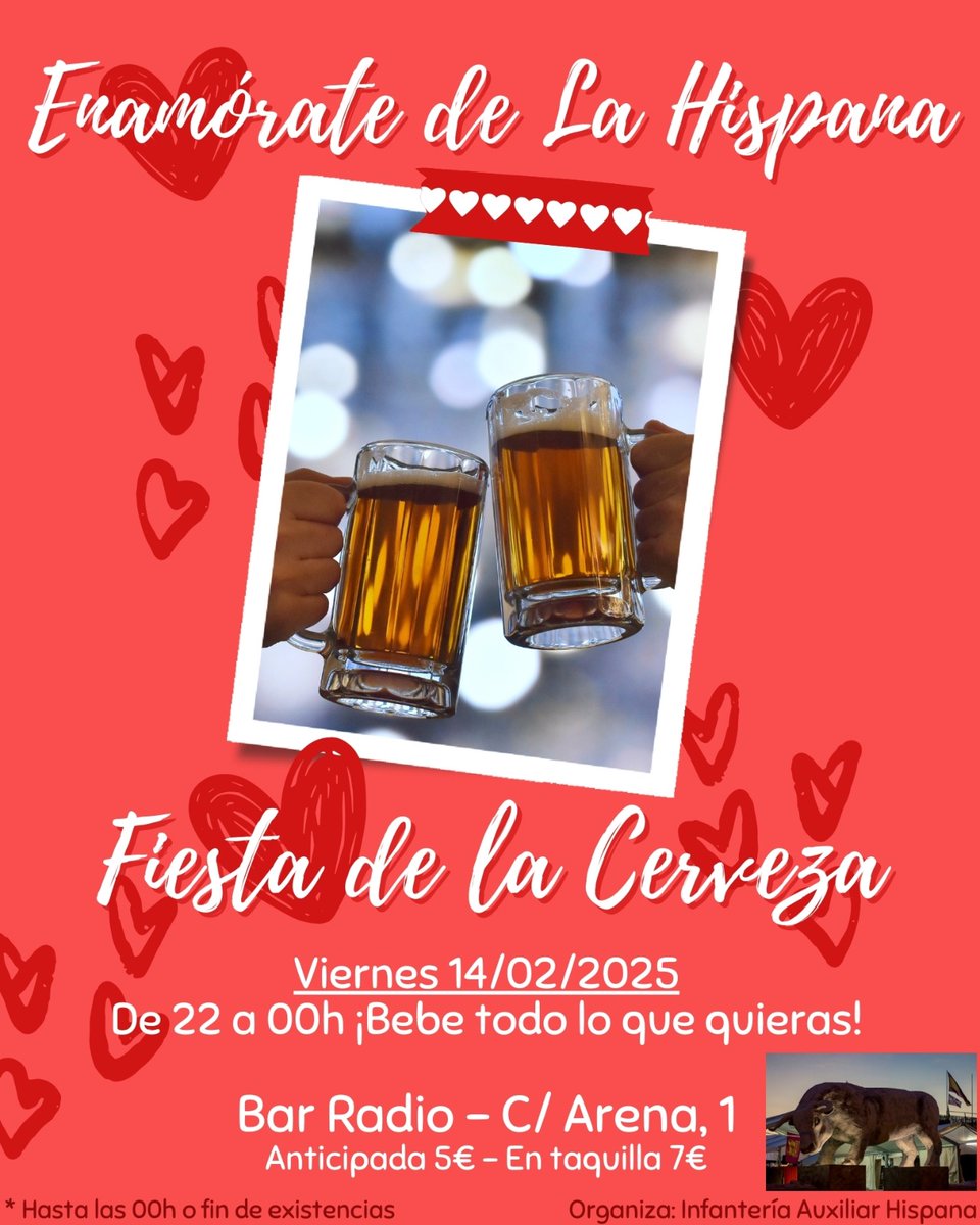 ¡Prepárate para enamorarte con Infantería Auxiliar Hispana! 💘🍻

El próximo Viernes 14 de febrero, pasa con nosotros una noche llena de risas 😂, buen rollo ✌️ y mucha cerveza 🍺!

Ven a disfrutar de tu amor por la cerveza 💖 al Bar Radio (C/ Arena, 1) a partir de las 22h!