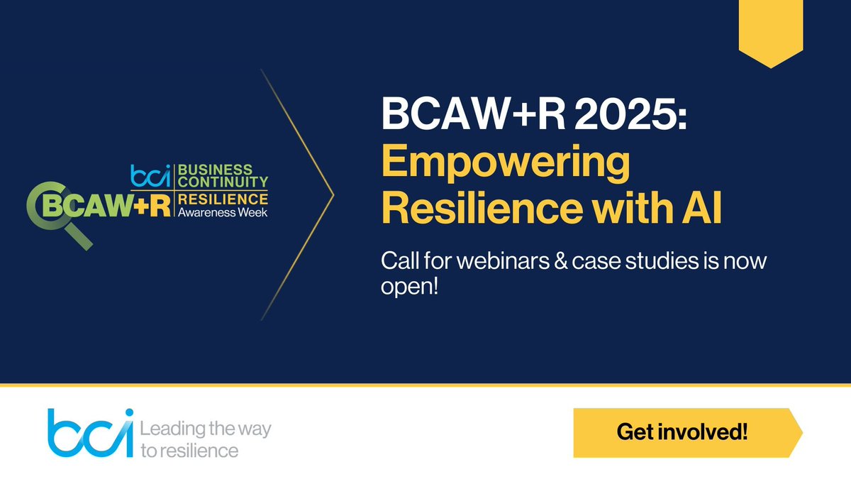 Mark your calendars for BCAW+R, 19-23 May 2025!.

How is your organization leveraging AI to enhance its resilience? Submit proposals for webinars and case studies and share your experience👉 buff.ly/4hpPZYt

#BCAWR2025 #Resilience #AI #Innovation