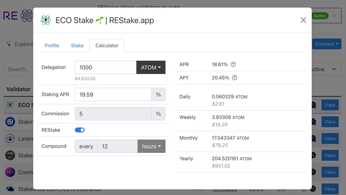 REStake now has a staking calculator 🧮 

Check your expected rewards for any validator, with or without auto-compounding.

This will factor in the validator's minimum rewards, giving you a more accurate idea of your rewards per day/week/month/year.