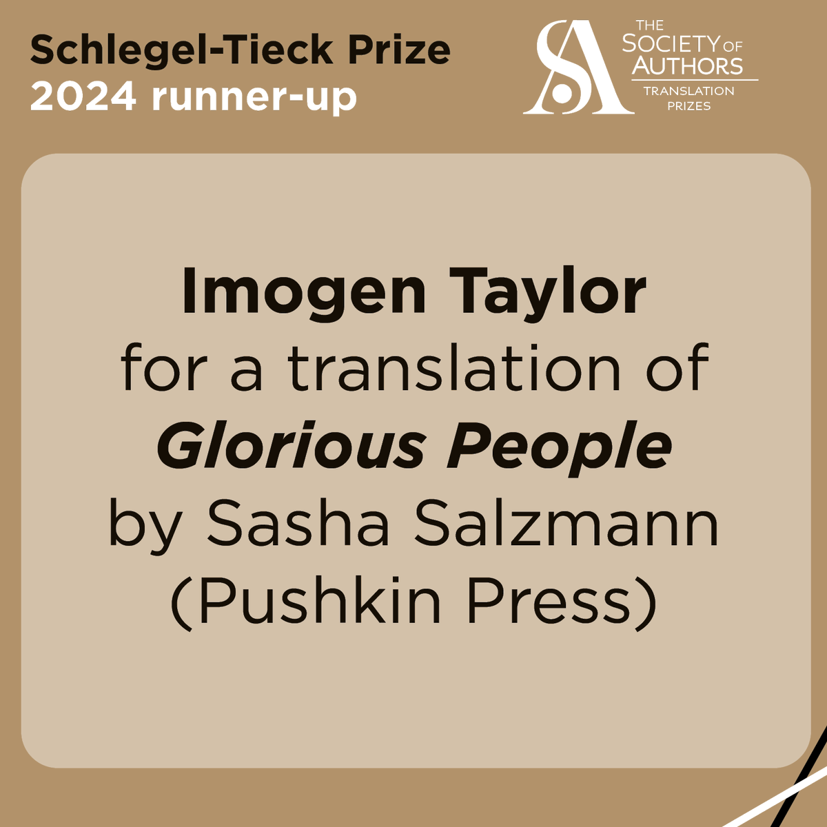 Congratulations to the runner-up of the 2024 Schlegel-Tieck Prize.

Imogen Taylor for Glorious People by Sasha Salzmann (@pushkinpress)

#TranslationPrizes