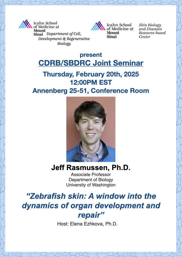 SBDRC at Mount Sinai (@sbdrcatmtsinai) on Twitter photo Please join us on Feb 20th for the <a href="/SBDRCatMtSinai/">SBDRC at Mount Sinai</a> Seminar in collaboration with <a href="/CDRBSinai/">CDRB Mount Sinai</a>. Dr. Rasmussen will be presenting his lab's exciting work zebrafish skin. External members check your email with Zoom details! Please join us on Feb 20th for the <a href="/SBDRCatMtSinai/">SBDRC at Mount Sinai</a> Seminar in collaboration with <a href="/CDRBSinai/">CDRB Mount Sinai</a>. Dr. Rasmussen will be presenting his lab's exciting work zebrafish skin. External members check your email with Zoom details!