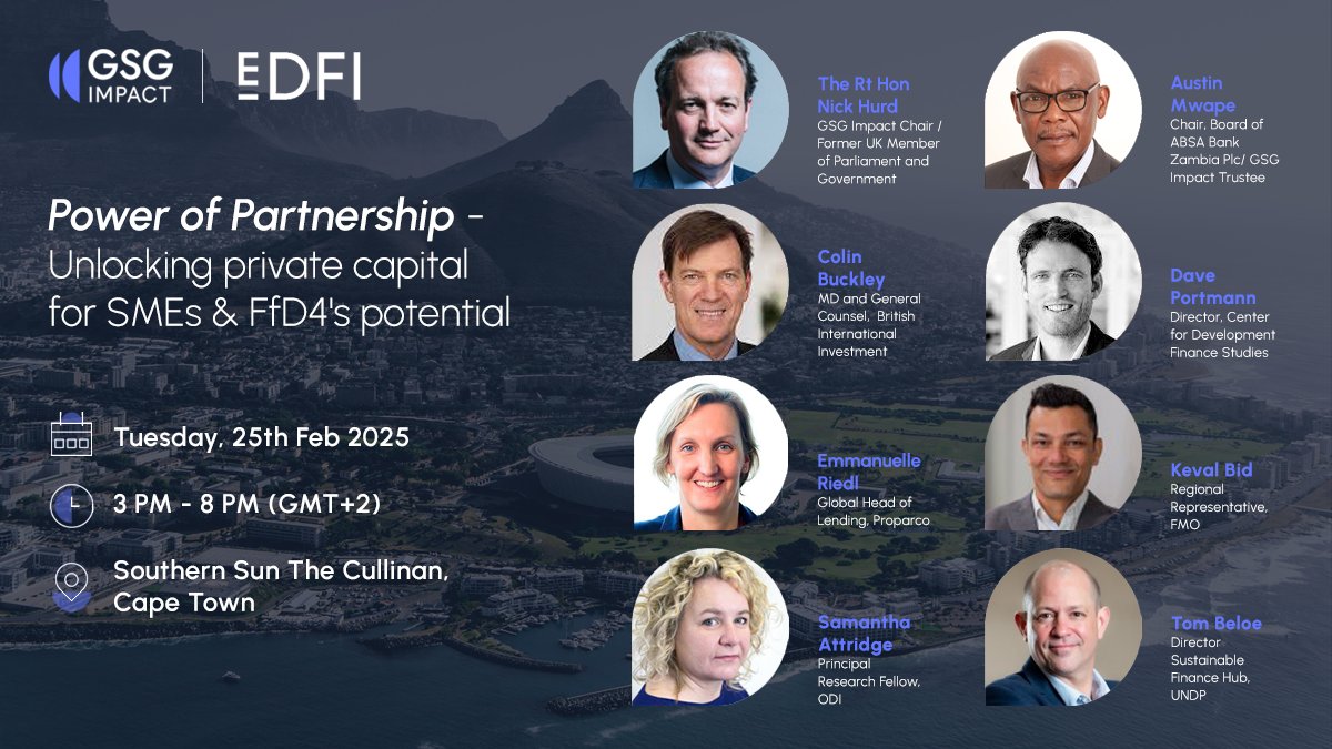 GSGImpact's tweet photo. 📢 Join GSG Impact &amp; #EDFI at the pre-Summit side event before #FinanceInCommon2025 in Cape Town, on 25th Feb 📆 to discuss:
🔓Unlocking private capital for #SMEs &amp; SDGs
🫱🏼‍🫲🏾 Partnership-driven solutions
📣Advocacy for #FfD4 

Register👉https://t.co/Q80x0WkgYj

@FinanceInCommon https://t.co/w7zcZBjtDF