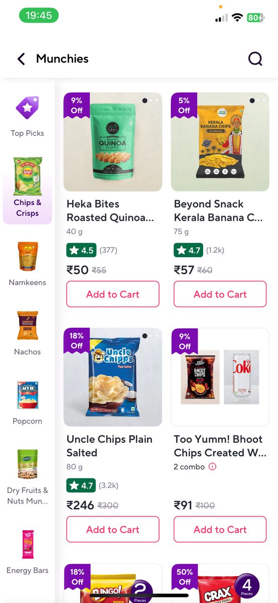 LalwaniAkshayKr's tweet photo. Opened @ZeptoNow app just a while ago. Shocked to see prices of Uncle Chips. 

2 pieces of Uncle Chips (80 grams x 2) showing ₹420.

1 piece of Uncle Chips (80 grams) is ₹246.

WHAT IS WRONG?
@CNBCTV18News @jagograhakjago #viral @aajtak @ZeeNews https://t.co/EnyWbsoPd6