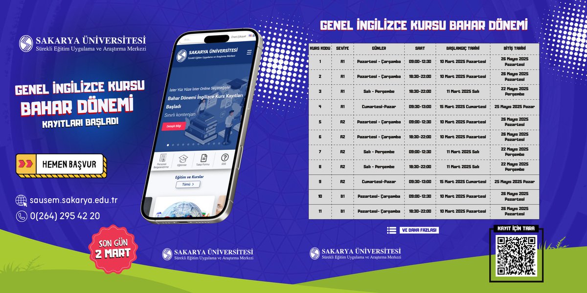 SAÜSEM Genel İngilizce Bahar Dönemi Kurs Kayıtları Başladı! 

İngilizce öğrenmek ya da seviyeni bir adım ileri taşımak için harika bir fırsat!  

📅 Son başvuru: 2 Mart 2025 
🔗 Detaylar ve kayıt için: sausem.sakarya.edu.tr/kategori/1-yab…