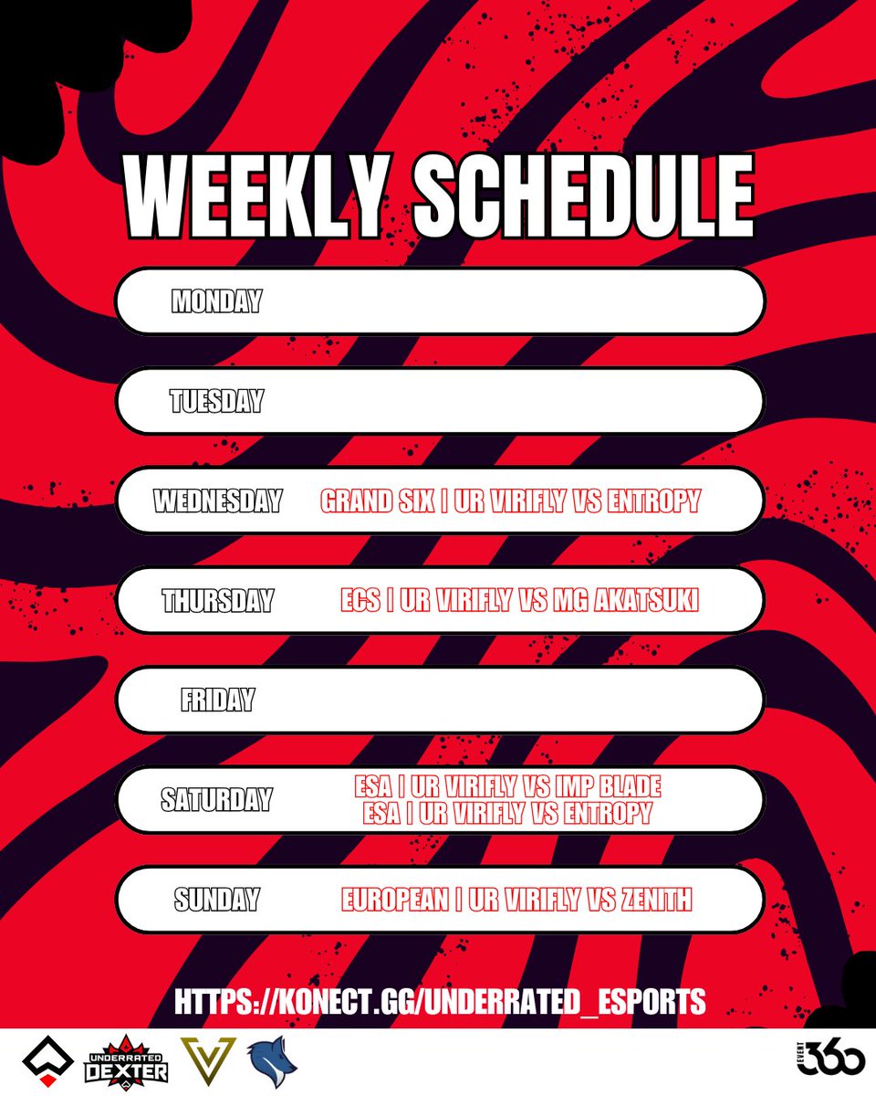 weekly schedule
<a href="/Grandsixcup/">Grand Six</a> vs <a href="/EntropyGaming/">Entropy</a> 
@ECS_2024 vs @OfficialMG_2023 
<a href="/ESA_Cup/">ESA | Blackout</a> vs #IMPBlade and <a href="/EntropyGaming/">Entropy</a> 
<a href="/EMS_R6/">EUROPEAN MASTERS SERIES</a> vs #Zenith
#GOURV