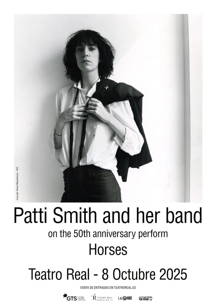 Patti Smith ofrecerá un único concierto en España conmemorando el 50 aniversario de su primer álbum, Horses. Dentro de una gira especial en siete ciudades de Europa y nueve en EE. UU.

📍Teatro Real, Madrid
📆8 de octubre - 21:00h
🎟Entradas a la venta en teatroreal.es