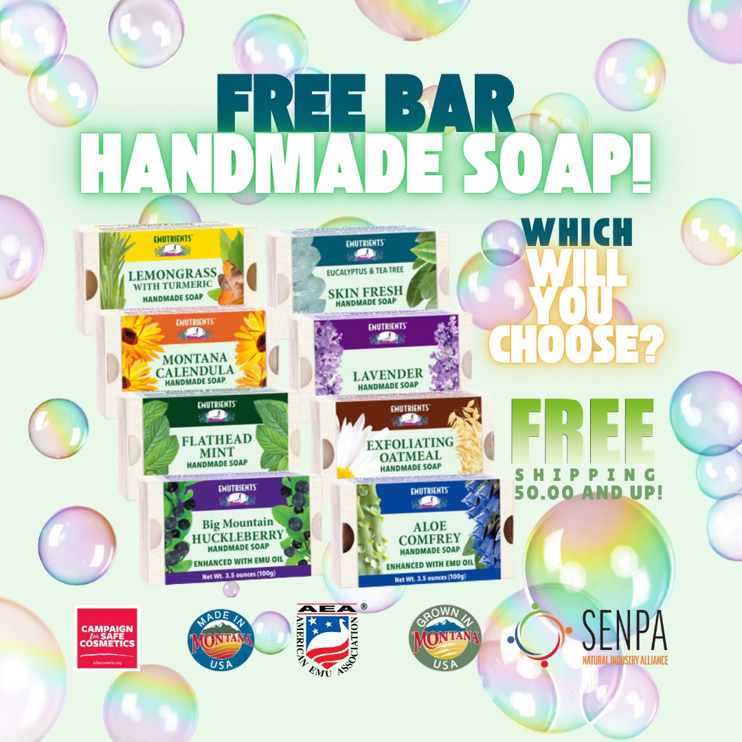 RanchEmu's tweet photo. One of these handmade soaps would you choose! One is yours #free with a $100 order! Toxic-free ingredients infused with our Certified, Grade A emu oil carries safe, skin-nurturing moisturizer deep into your skin!
https://t.co/ZxCW6MuKZ6
#montanaemuranch #emutrients #emuoil https://t.co/niJG9oBxkR
