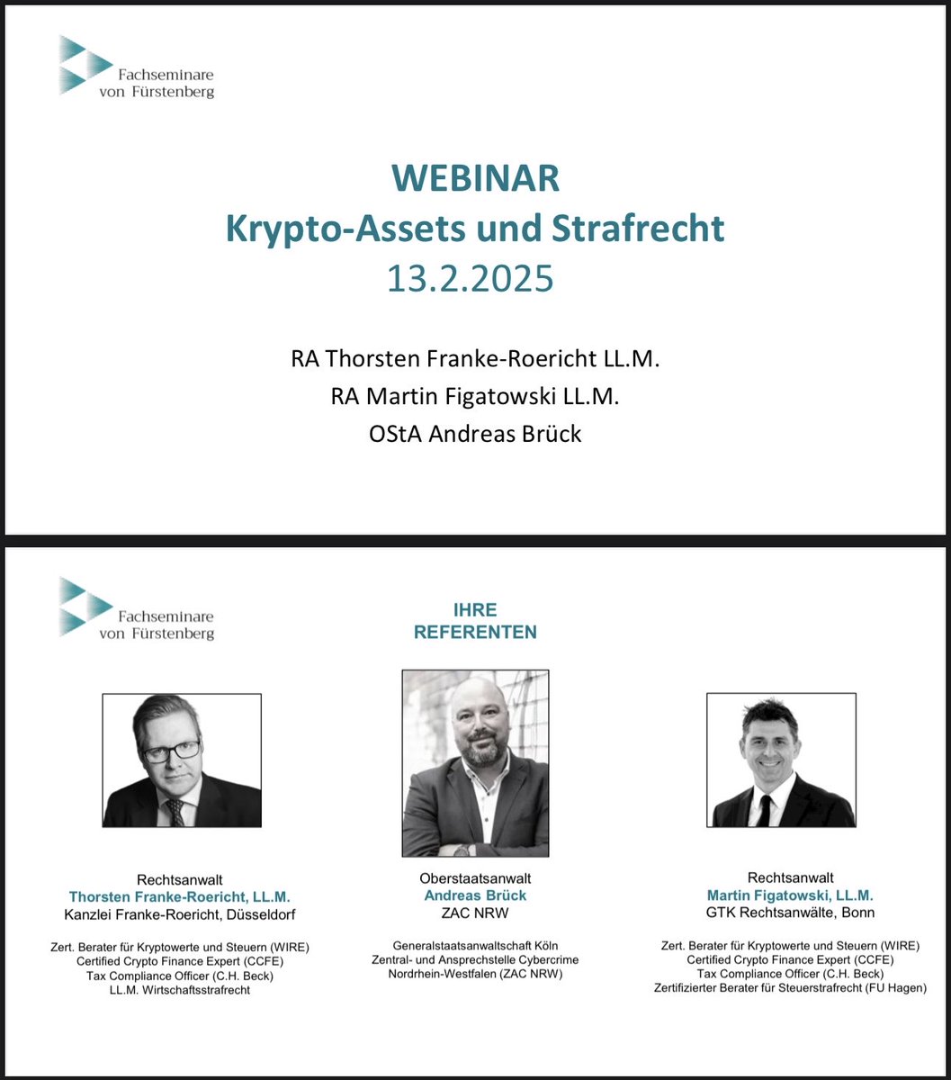 📢 Webinar: "Krypto-Assets und Strafrecht – Aktuelle Herausforderungen und praxisnahe Lösungen" (13.2.25). Mehr hier: fachseminare-von-fuerstenberg.de/fortbildung/kr…