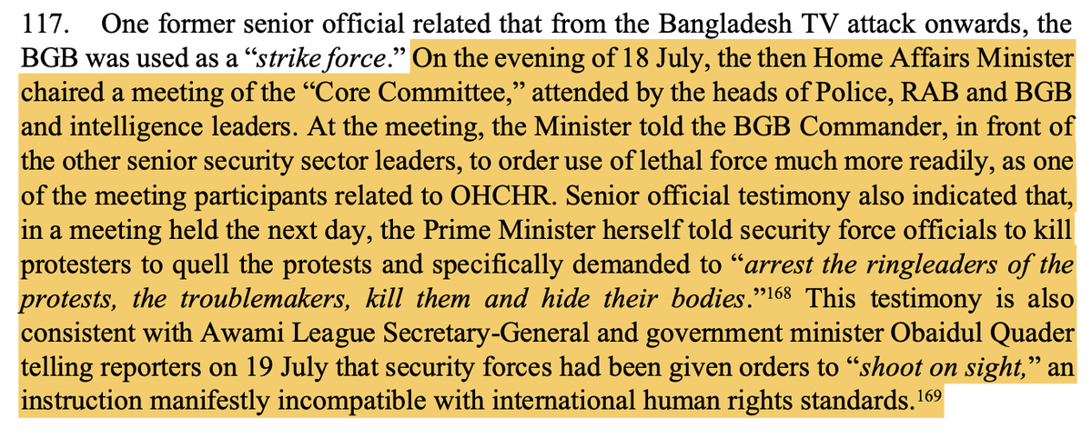TheDavidBergman's tweet photo. My god. Just came across this whilst reading the UN report, relating to a meeting held on 19 July: "Senior official testimony also indicated that in a meeting held the next day the Prime Minister herself told security force official to kill protestors to quell the protests and specifically demanded to "arrest the ringleaders of the protests, the troublemaker, kill them and hide their bodies." (para 117)
