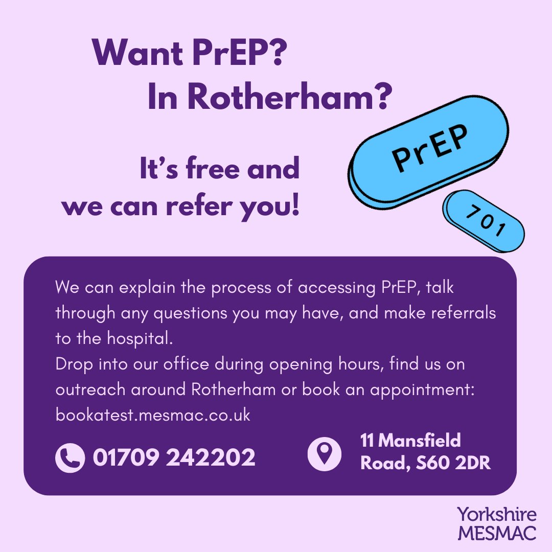 MesmacRotherham's tweet image. Did you know there's a pill that can stop you from getting HIV?
PrEP is free - and we can refer you!
Get in touch for more info 👇
