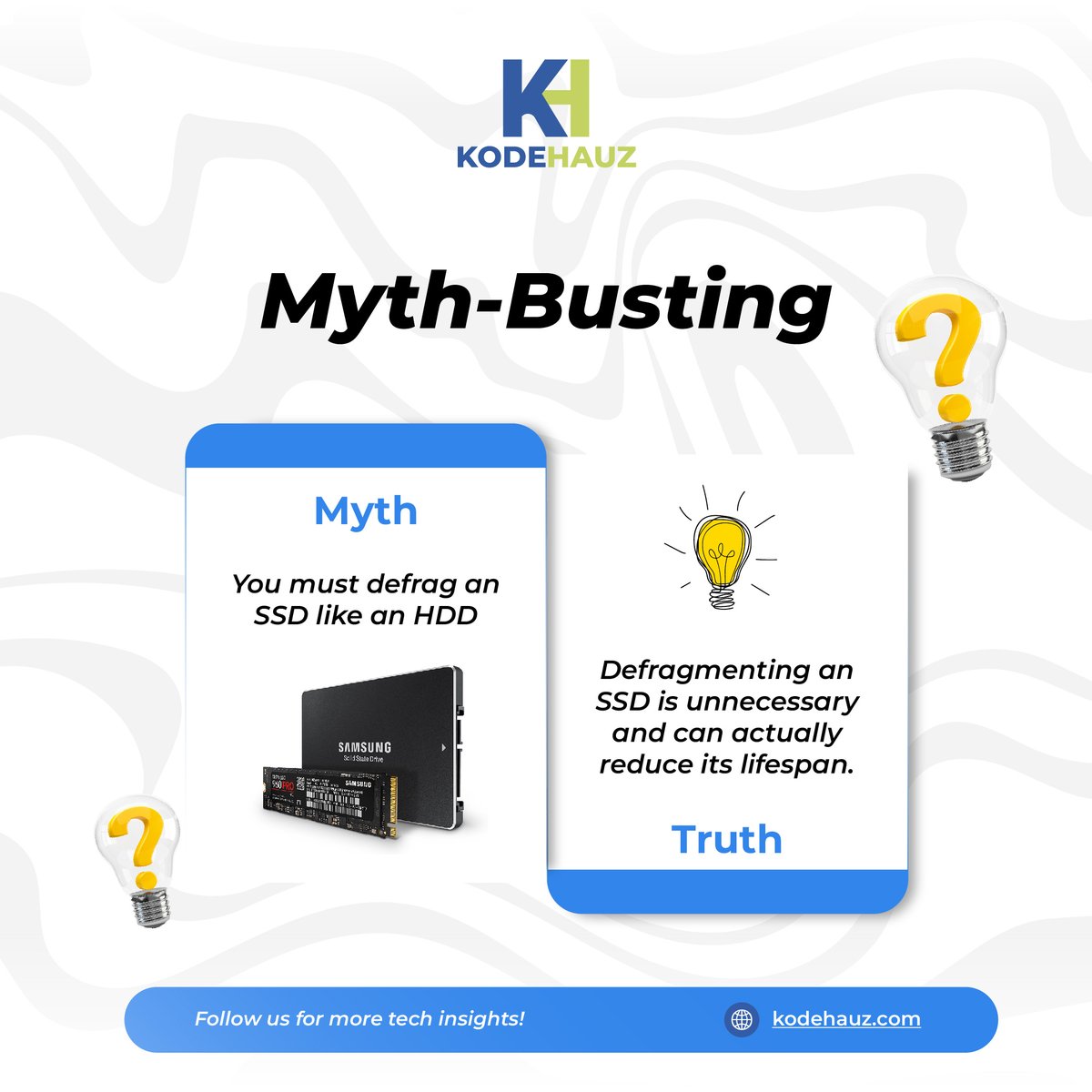 kodehauz's tweet image. Myth: You need to defrag your SSD like an HDD.

Truth: Defragmenting an SSD can harm it!

Modern operating systems optimize data placement on SSDs.

#Kodehauz #TechTip #MythBuster #SSD #Defragmentation #Twitter