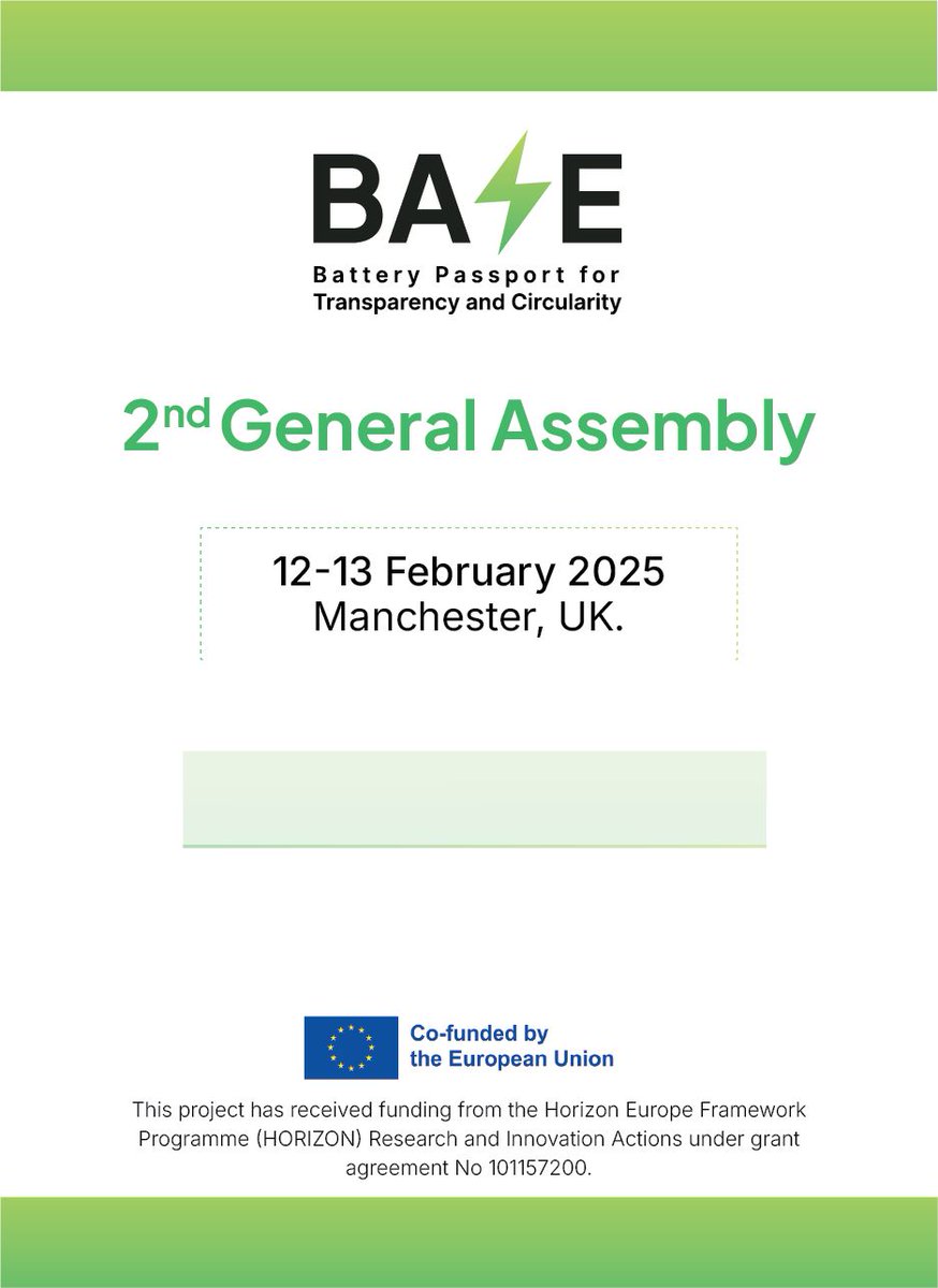 technovativesol's tweet image. TVS is proud to host the BASE Project 2nd General Assembly in Manchester!

Bringing together our project consortium members for two days of key discussions on battery passports, circularity, risk assessment, and innovation.

Stay tuned for updates!

#BASEProject #BatteryPassport