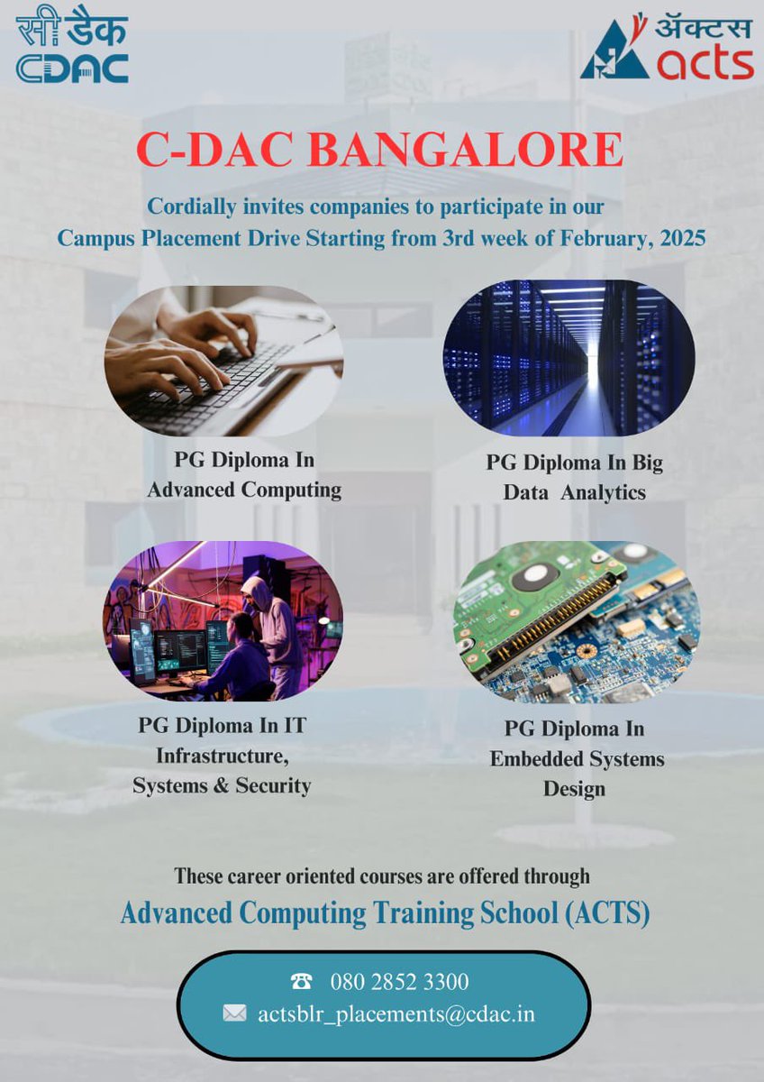C-DAC Bengaluru (@cdacbengaluru) on Twitter photo We invite companies to participate in our Campus Placement Drive starting 3rd week of February 2025.
We have ready to join trained students. They have strong technical & diverse skills and are goal-oriented quick learners.
Contact us at actsblr_placements@cdac.in We invite companies to participate in our Campus Placement Drive starting 3rd week of February 2025.
We have ready to join trained students. They have strong technical & diverse skills and are goal-oriented quick learners.
Contact us at actsblr_placements@cdac.in