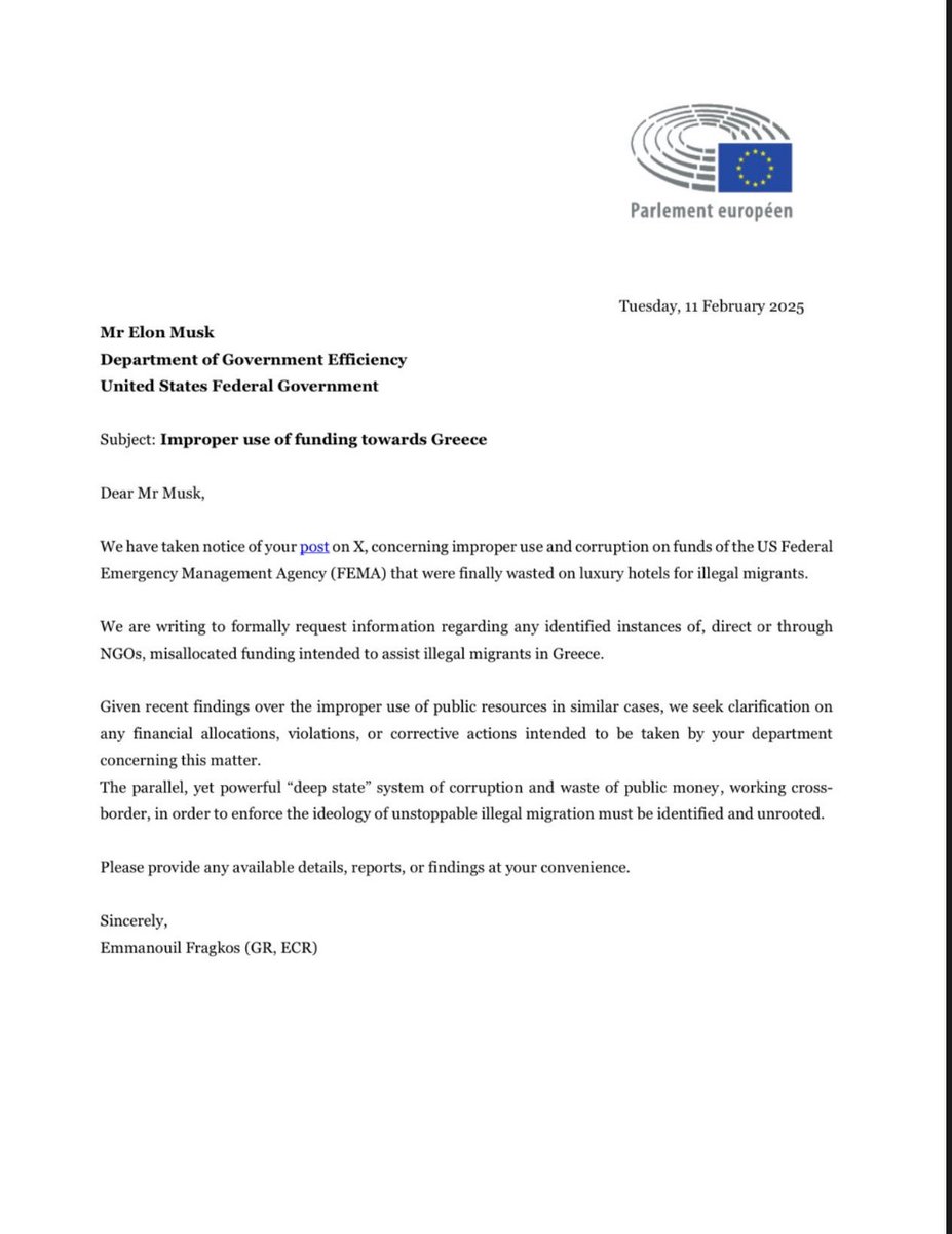 MarioNawfal's tweet image. 🚨🇬🇷🇺🇸 GREEK MP REQUESTS ELON’S INPUT ON U.S. FUNDS MISUSE

Greek MP Emmanouil Fragkos has sent a formal letter to Elon, requesting information on U.S. funds allegedly being misused to support illegal migrants in Greece.

Fragkos wants to know if he has receipts—where the money…