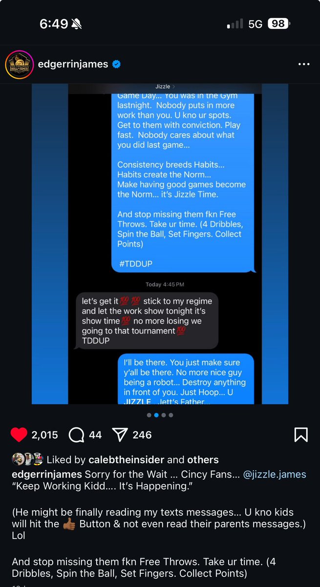 Neil Meyer (@meyerneil6) on Twitter photo Edgerrin James <a href="/EdgerrinJames/">Edgerrin James</a> shared a message for his son Jizzle James before yesterdayβs game with Utah.
Jizzle responded to his father by stating
βLetβs get it. Stick to my regime and let the work show. Tonight, itβs show time. No more losing. We are going to that Edgerrin James <a href="/EdgerrinJames/">Edgerrin James</a> shared a message for his son Jizzle James before yesterdayβs game with Utah.
Jizzle responded to his father by stating
βLetβs get it. Stick to my regime and let the work show. Tonight, itβs show time. No more losing. We are going to that
