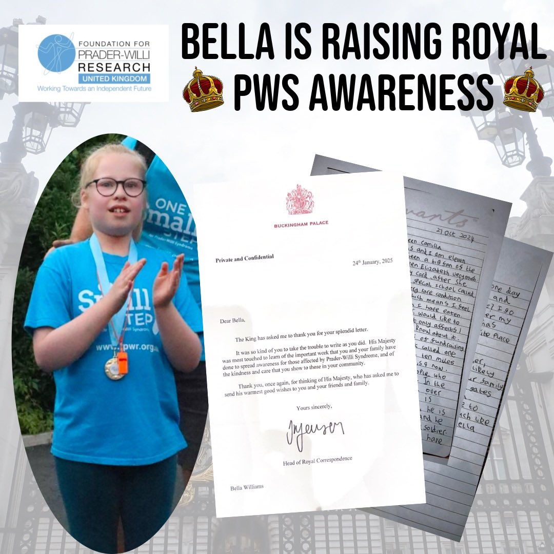 Bella has taken her mission for PWS awareness Royally high with a recent letter to King Charles. 

Bella, who loves the Royal Family, wrote to the Palace late last year and was thrilled to receive a reply. 

Read more about Bella’s Royal reply at fpwr.org.uk/raising-royal-…