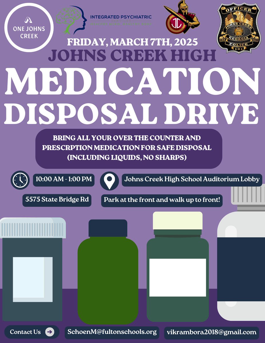 JohnsCreekPD's tweet photo. Mar 7th 10am-1pm at JCHS collecting unused prescription medications. NO sharps or liquids please. Through this event, we aim to keep the community safe and the drugs off the streets! At the front auditorium.
#JohnsCreek #JohnsCreekPD #StrongerTogetherJCPD #JCPDAnn https://t.co/nOdkLwHR4R