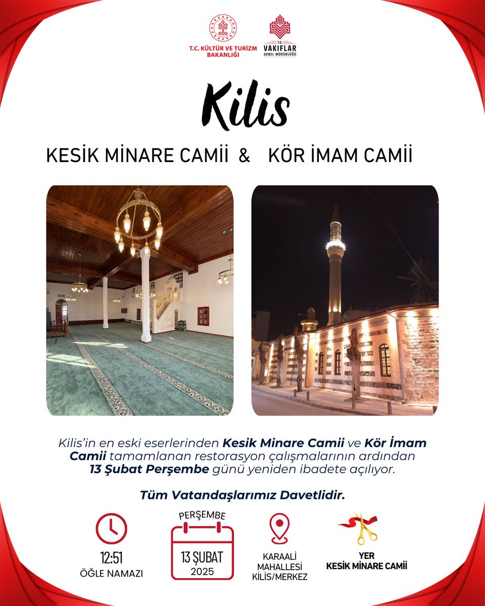 Kilis’in kalbinde, şehrin tarihine ve mimari mirasına ışık tutan iki önemli eser; Kesik Minare Camii ve Kör İmam Camii aslına uygun olarak tamamlanan restorasyon sürecinin ardından yarın Berat Kandili’nde öğle namazına müteakip yeniden ibadete açılıyor.

Kilis’te geçmişin
