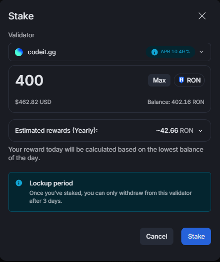 I just staked 400 $RON 🎒🎮 

An open #Ronin everyone will witness the birth of the biggest gaming community here! 🚀🔥