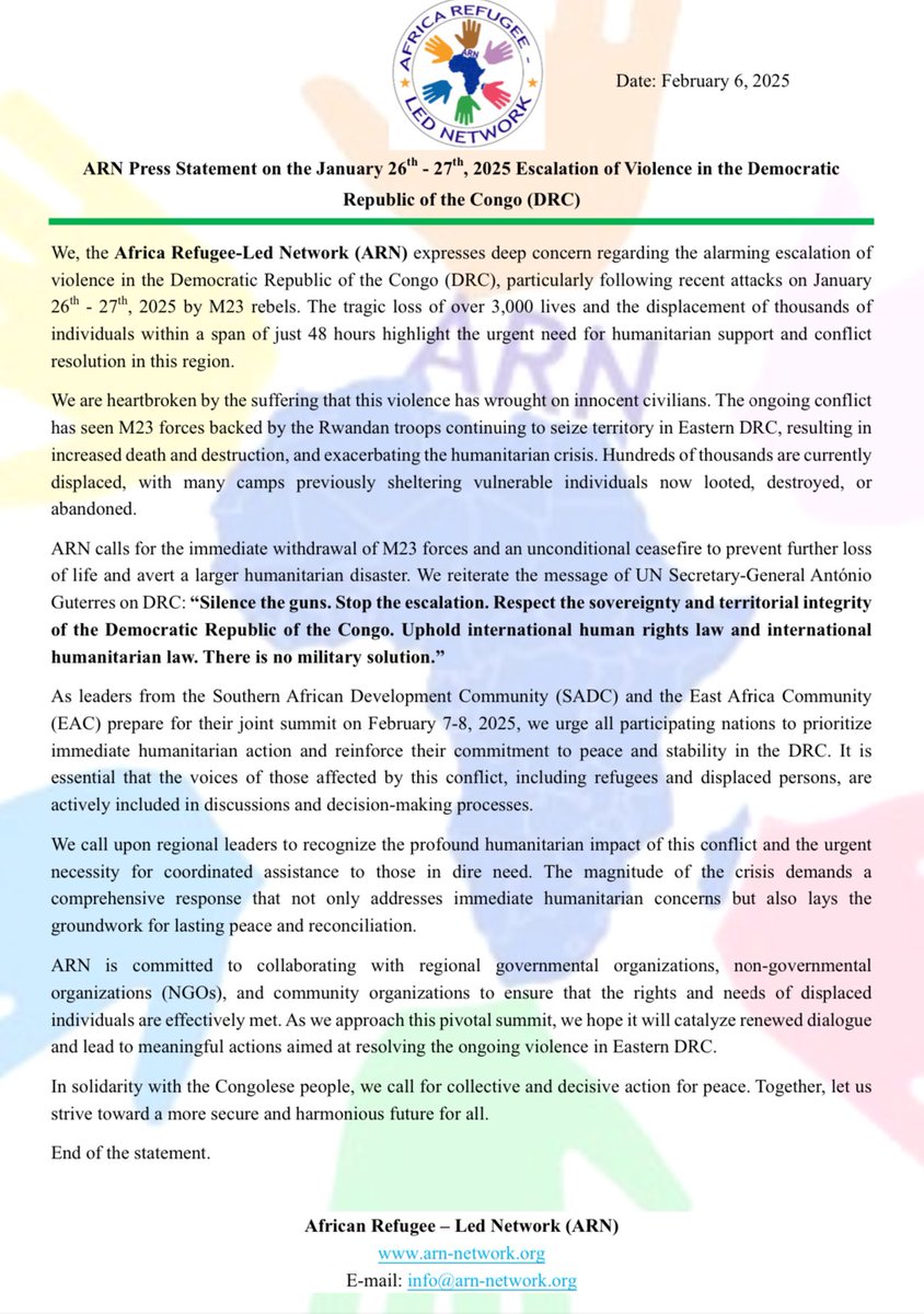 ARN_africa's tweet image. ARN calls 4urgent action in response to the tragic escalation of violence in DRC. Over 3,000 lives lost & thousands displaced in just 48hrs. We urge regional leaders to prioritize humanitarian support & ceasefire. #Peace4DRC @AUC_PAPS @UN @antonioguterres