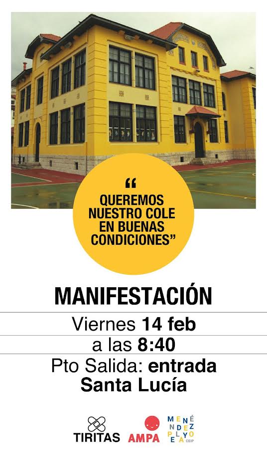 👉Apoyamos al <a href="/AmpaPelayo/">AMPA Menéndez Pelayo Santander</a> del Colegio Menéndez Pelayo en su demanda de tener un colegio en buenas condiciones. 
📢 Viernes 14 febrero - 08:40 hrs. - MANIFESTACIÓN