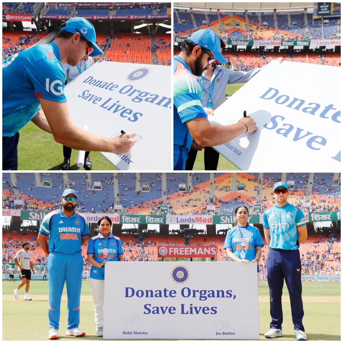 shubham04432243's tweet photo. 3rd ODI India Vs England at Narendra Modi Stadium, Ahmedabad BCCI have Great worked to make aware about Donate Organs..
The two teams are wearing green armbands to support BCCI’s "Donate Organs, Save Lives” initiative. 

The initiative is spearheaded by ICC Chairman Mr Jay Shah. 

Pledge, spread the word, and let's be a part of something truly meaningful.

15,000 more Organ Pledges have been done since the start of 3rd ODI Match.
#DonateOrgansSaveLives