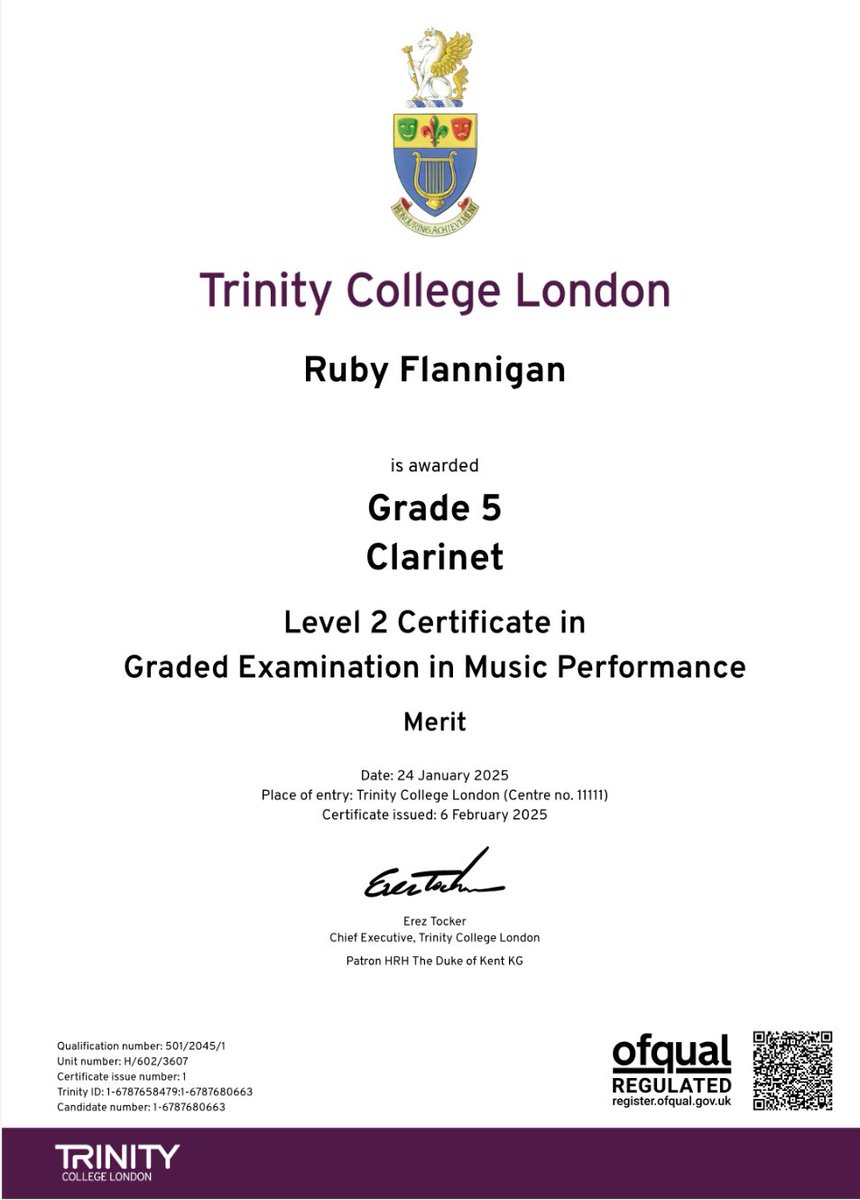 BedfordArts's tweet image. We are so proud of our year 11 music GCSE student Ruby who has recently passed her Grade 5 Clarinet Exam with merit. A fantastic achievement well done Ruby! #bedforddoesmusic #wearebedfordarts