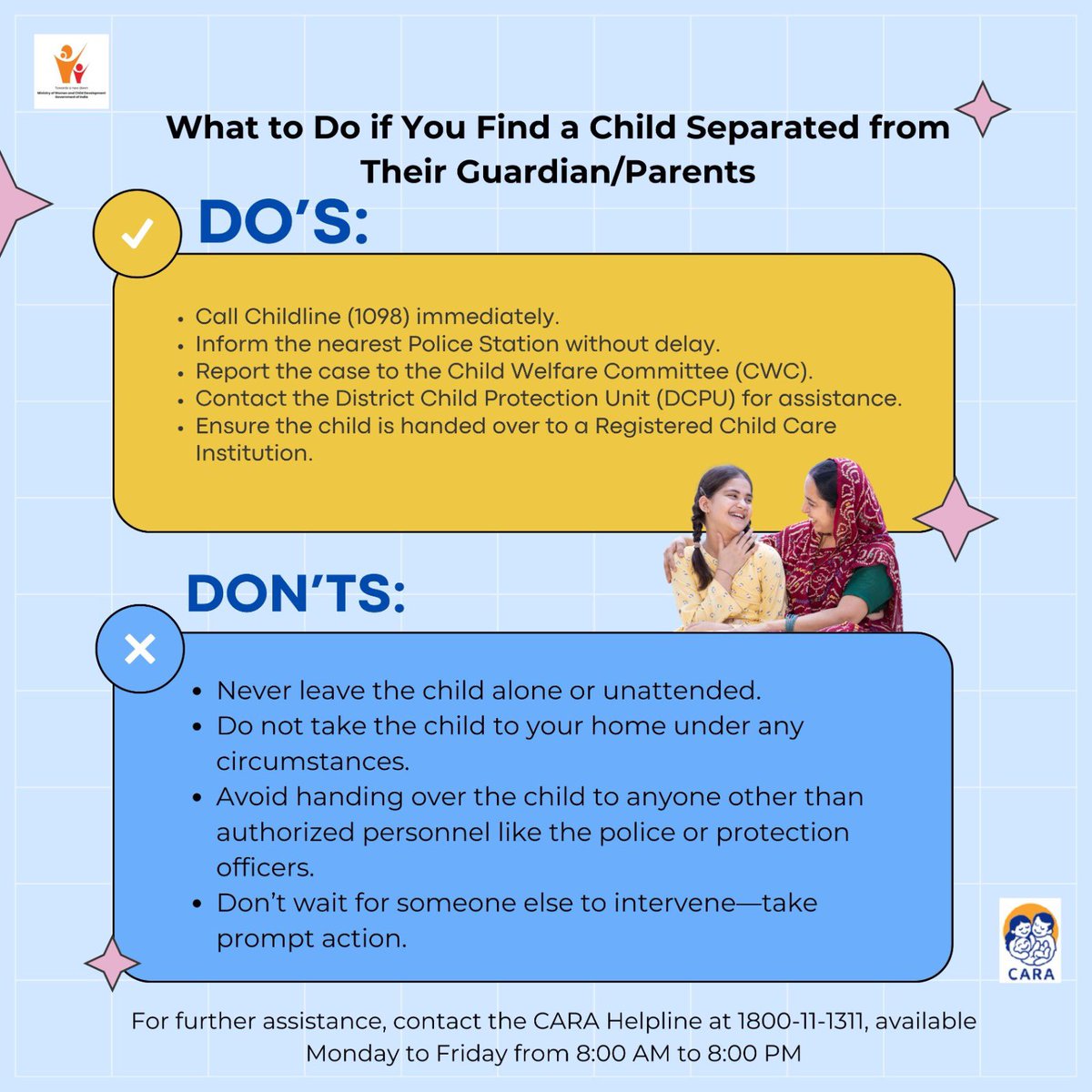 MinistryWCD's tweet image. Failure to report a #child found separated from their guardian may result in imprisonment of up to six months, a fine of ₹10,000, or both, as per Section 34 of the #Juvenile #Justice Act, 2015.

@PIBWCD