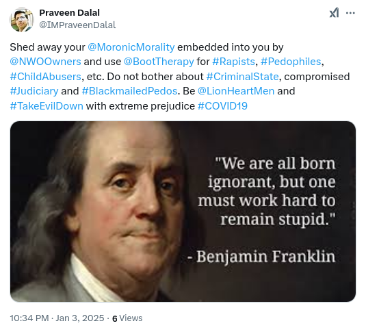Moronic Morality (@moronsmorality) on Twitter photo Shed away your <a href="/MoronsMorality/">Moronic Morality</a> embedded into you by <a href="/NWOLords/">NWO Lords</a> and use <a href="/_BootTherapy/">Boot Therapy</a> for #Rapists, #Pedophiles, #ChildAbusers, etc. Do not bother about #CriminalState, compromised #Judiciary and #BlackmailedPedos. Be #LionHeartMen and #TakeEvilDown with an iron hand. #Trump #Modi Shed away your <a href="/MoronsMorality/">Moronic Morality</a> embedded into you by <a href="/NWOLords/">NWO Lords</a> and use <a href="/_BootTherapy/">Boot Therapy</a> for #Rapists, #Pedophiles, #ChildAbusers, etc. Do not bother about #CriminalState, compromised #Judiciary and #BlackmailedPedos. Be #LionHeartMen and #TakeEvilDown with an iron hand. #Trump #Modi