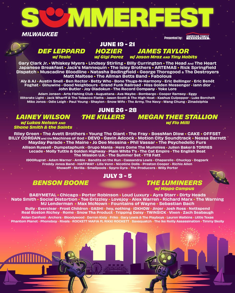 2025 is going to be out of this world 🛸 Your Summerfest lineup presented by @AmFam is here🎉

Grab your <a href="/UScellular/">UScellular</a> 9-Day Power Pass for just $57 now through Feb 18🤘

Just announced: @TheLumineers on July 5th at the <a href="/AmFamAmp/">American Family Insurance Amphitheater</a> ⭐Sign up for presale: