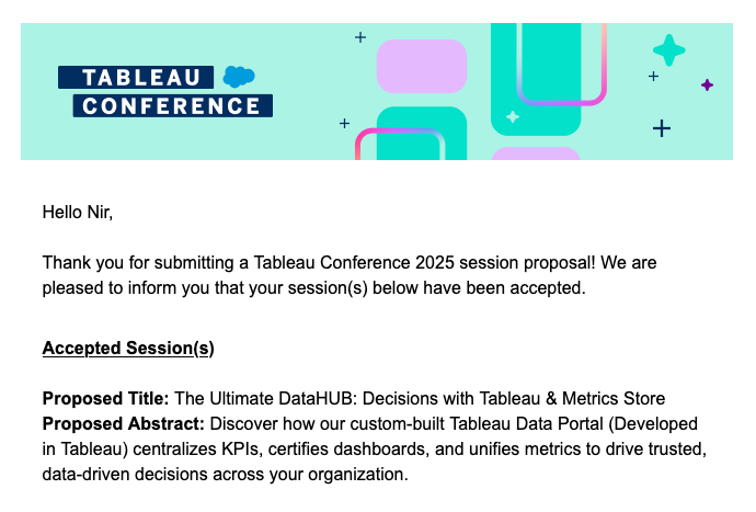 🚀 Exciting news! Our session “The Ultimate DataHUB: Decisions with Tableau &amp; Metrics Store” is accepted for #TC25! 🎉
Thrilled to join Mickey Rozen &amp; Ben Hababo to showcase how our Tableau Data Portal at <a href="/mondaydotcom/">monday.com</a>. 
My first TC - I can’t wait! See you there!
#datafam