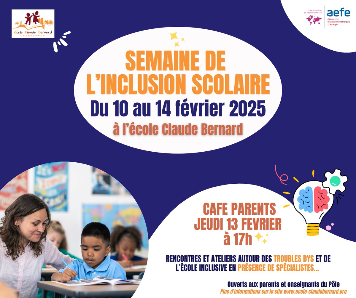 👥 INVITATION parents et personnels du Pôle : Semaine de l'Inclusion scolaire à l'école Claude Bernard

L'école Claude Bernard organise des rencontres avec des spécialistes des troubles dys.

Retrouvez toutes les informations sur le site lnkd.in/eQDszA39

<a href="/aefeinfo/">AEFE</a>
