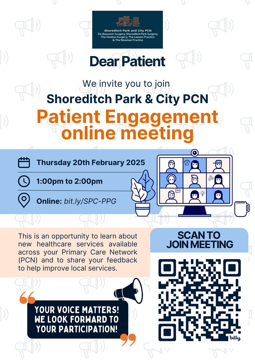 Join the Shoreditch Park &amp; City PCM for a Patient Engagement meeting on Thursday 20th February from 1pm to 2pm.

Join the online meeting here: bit.ly/SPC-PPG