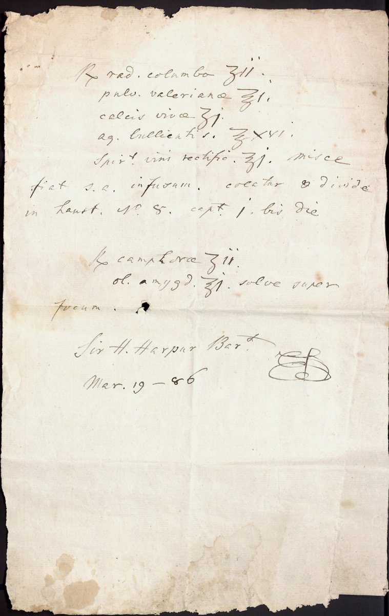 On #DarwinDay, we'd like to celebrate Erasmus Darwin, Charles' grandfather. For a while he was the doctor for Calke Abbey and we have prescriptions he wrote for the family and for his patients from the surrounding area. This example was for Sir Henry Harpur on 19 March 1786.