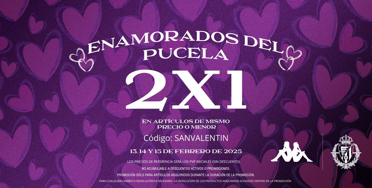Kappa Iberia (@kappasport_es) on Twitter photo 💜⚽ ¡Celebra San Valentín con el <a href="/realvalladolid/">Real Valladolid C.F.</a> ! ⚽💜
📢 ¡2x1 en artículos de mismo precio o menor!
Usa el código: SANVALENTIN
📅 Solo los días 13, 14 y 15 de febrero de 2025
No dejes pasar esta oportunidad. ¡Viste tus colores con amor! 💜🔥 💜⚽ ¡Celebra San Valentín con el <a href="/realvalladolid/">Real Valladolid C.F.</a> ! ⚽💜
📢 ¡2x1 en artículos de mismo precio o menor!
Usa el código: SANVALENTIN
📅 Solo los días 13, 14 y 15 de febrero de 2025
No dejes pasar esta oportunidad. ¡Viste tus colores con amor! 💜🔥