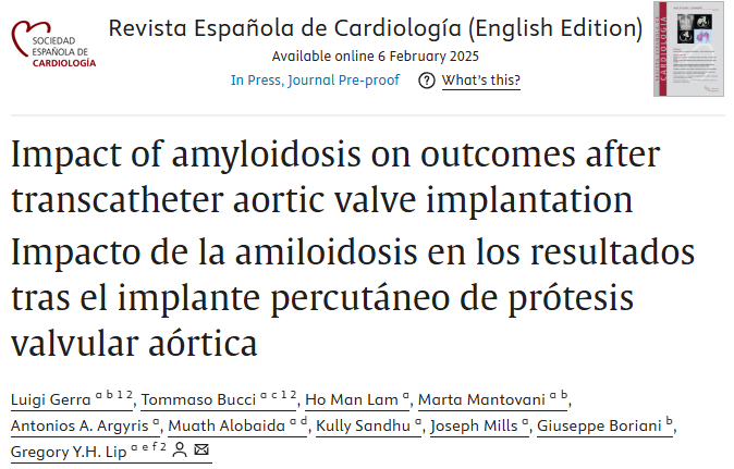 Amyloidosis is a crucial factor to consider when assessing the risk of complications following TAVI.

Read the full paper on <a href="/RevEspCardiol/">REC Publications</a> sciencedirect.com/science/articl… 
<a href="/LiverpoolCCS/">Liverpool Centre for Cardiovascular Science</a> <a href="/GerraLuigi/">Luigi Gerra</a>