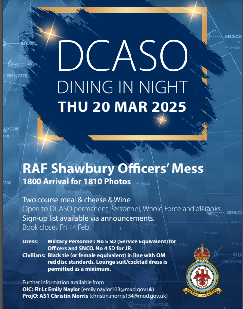 DCASO Dining In Night – Thur 20 Mar 25. Book closes Fri 14 Feb.