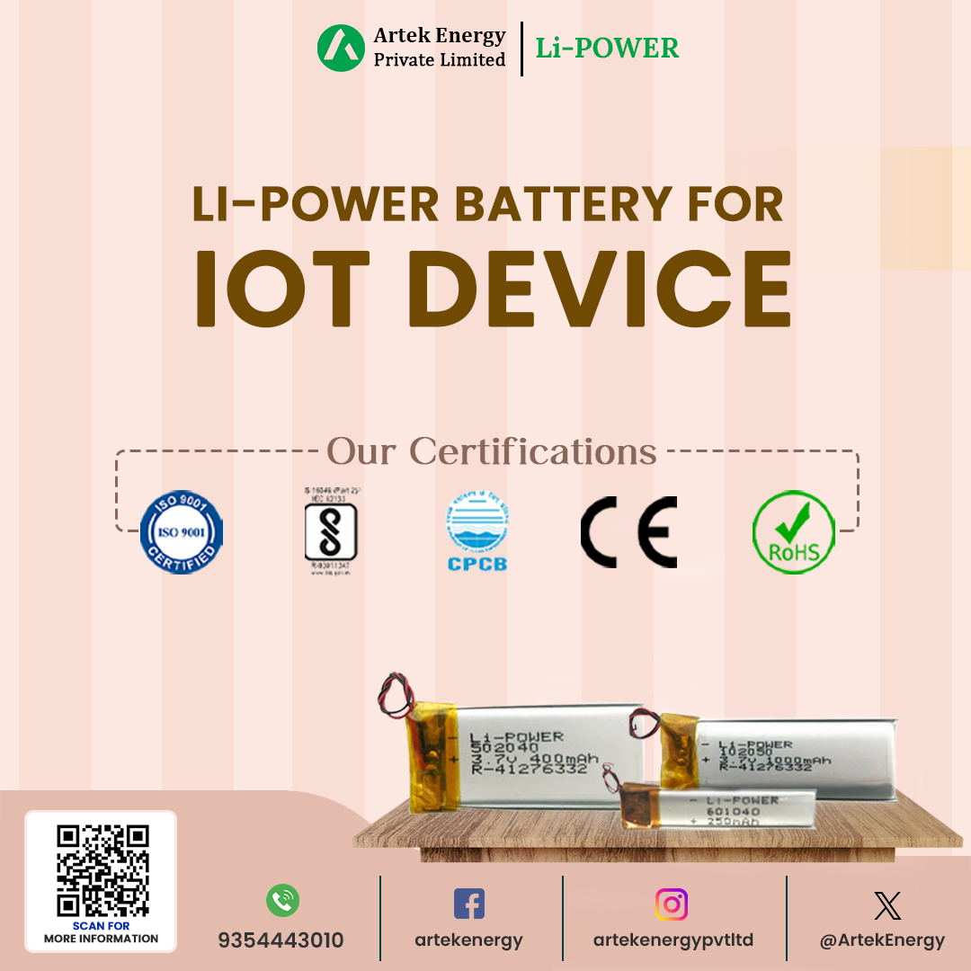 ArtekEnergy's tweet photo. Li-Polymer Battery For 
IOT DEVICE
.
Call for Queries:
Visit: https://t.co/rR86gpsdbX
For more info, call us at +919354443010
.
#battery #lithium #power #artek #group #artekgroup
#manufacturing #battery #noida #lipower #polymer https://t.co/52tjLxXWzY