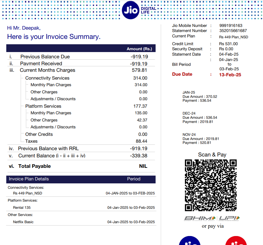 AskDeepakSingh's tweet photo. @JioCare Here i'm last month bill details. I have done advance payment after that i'm not using my services. https://t.co/KuRkkNfnEs