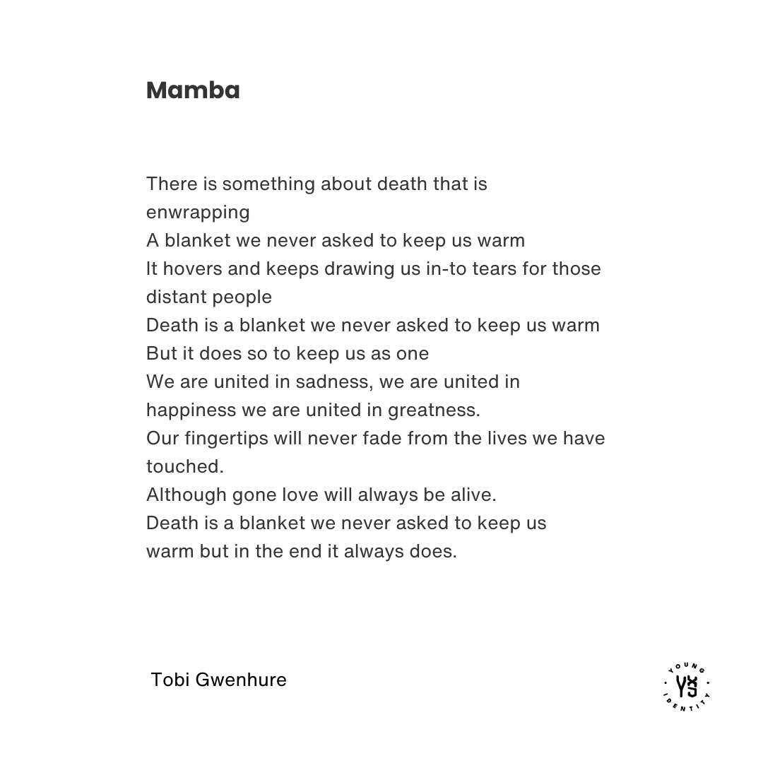 Poem of the week! 

This one's called 'Mamba' by Tobi Gwenhure. It's from 'No Disclaimers: Volume 2' - available to buy on our website.