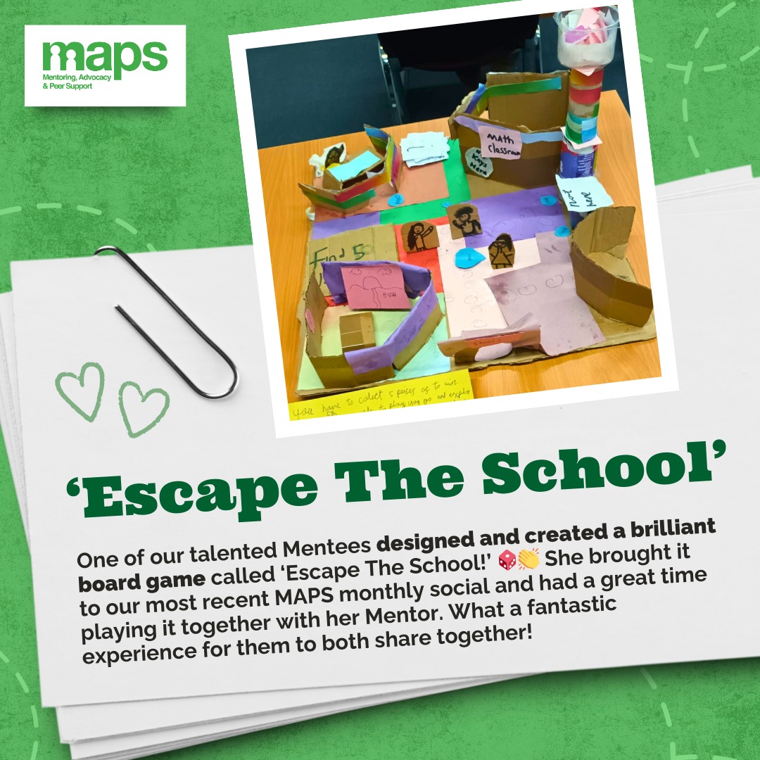 A MAPS Mentee brought along her own board game to play with her Mentor at our MAPS social! 🎲🙌

Having a Mentor creates a safe space to share ideas, be creative, and build confidence. 🎨💚

#MAPSMentoring #Volunteering