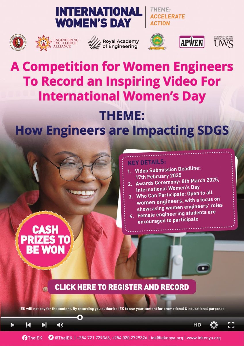 Women engineers are invited to share inspiring videos that highlight how engineers are impacting Sustainable Development Goals (SDGs).

Key Details:
Video Submission Deadline: 17th February 2025
Awards Ceremony: 8th March 2025 (International Women’s Day)

Who Can Participate:
•