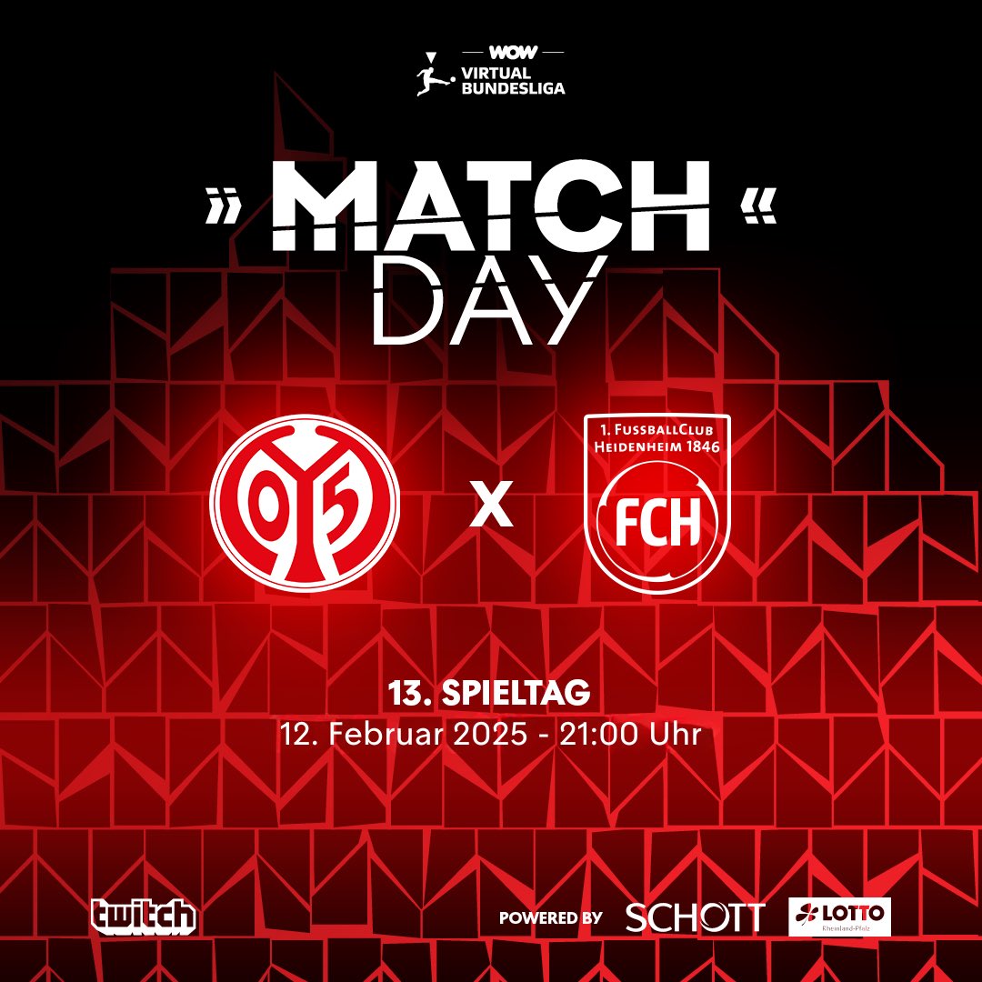 #VBLCC Matchday 🎮🔥

🆚 <a href="/FCH1846/">1. FC Heidenheim 1846 e. V.</a> 
⏰ 21:00 Anpfiff
📺 20:45 Streamstart

#Mainz05 #VBLCC #VirtualBundesliga